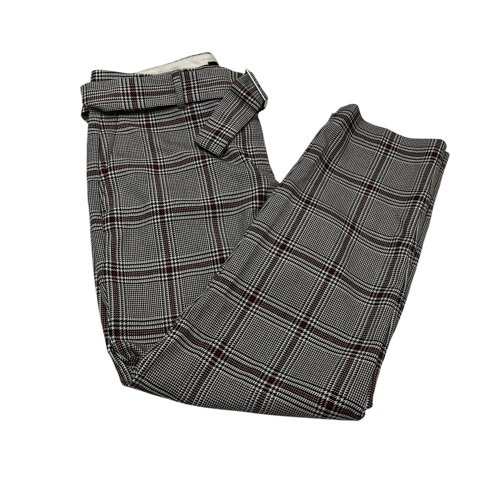 Ann Taylor Pants Black Plaid Tapered Leg Belted Size 8 Office Career Preppy